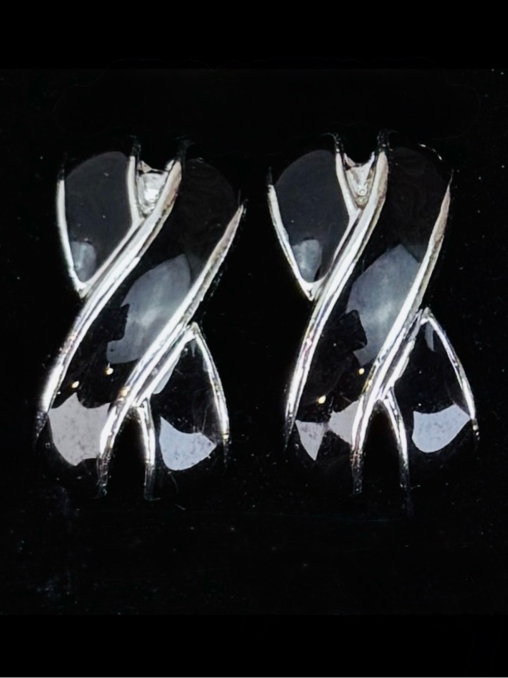 Vintage Black Silver Tone Sculptural Swirl Pierced Earrings